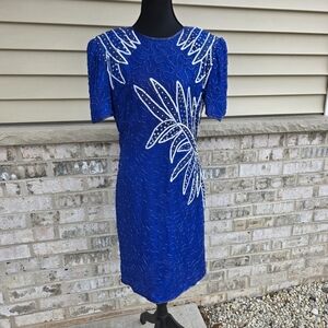 Vintage SWEELO Silk Beaded Blue Cocktail Dress 80s Art Deco Sheath M
